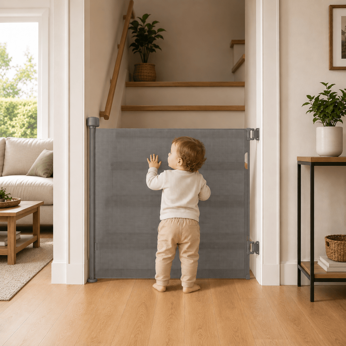 FYLO Premium Baby Fabric Safety Retractable Stair Gate - Grey (Upto 120cm Width) - Baby&More