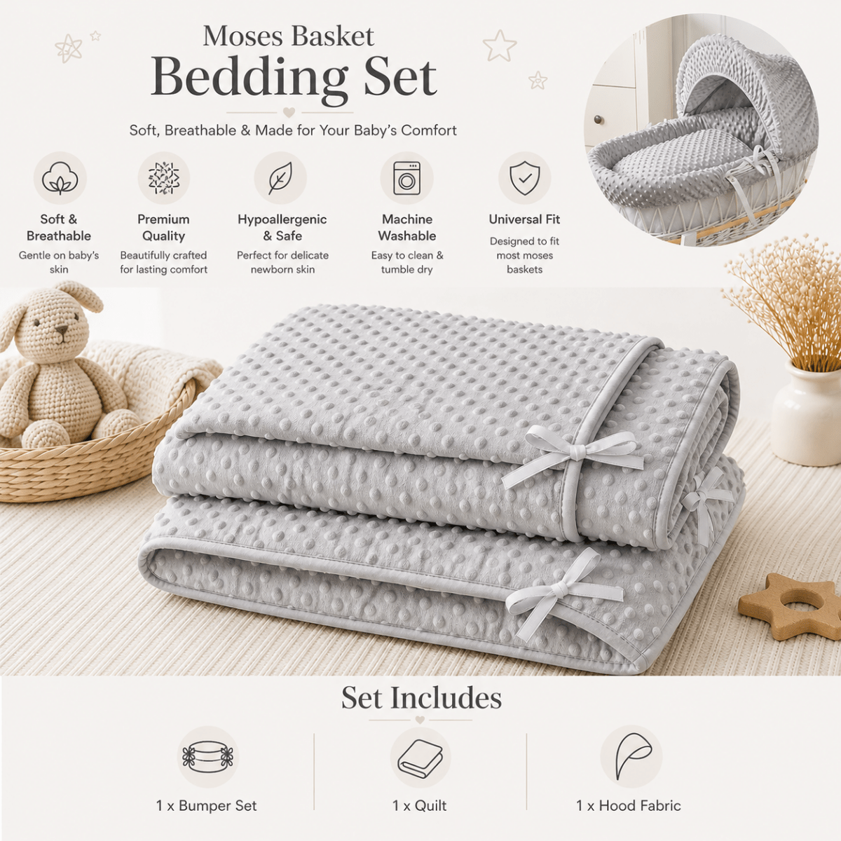 For Your Little One Moses Basket Bedding Set - Grey Dimple (Basket Not Included!)