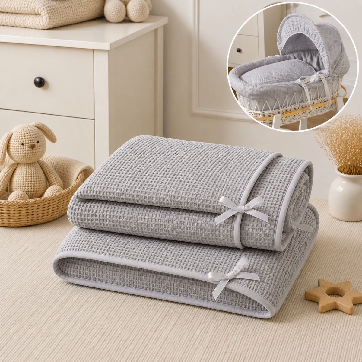 For Your Little One Moses Basket Bedding Set - Grey Waffle (Basket Not Included!)