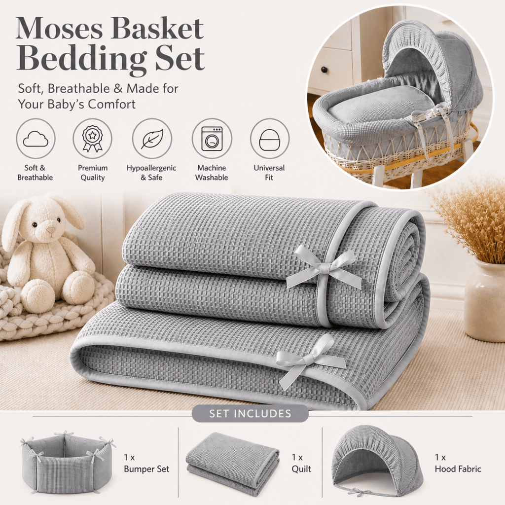 For Your Little One Moses Basket Bedding Set - Grey Waffle (Basket Not Included!)