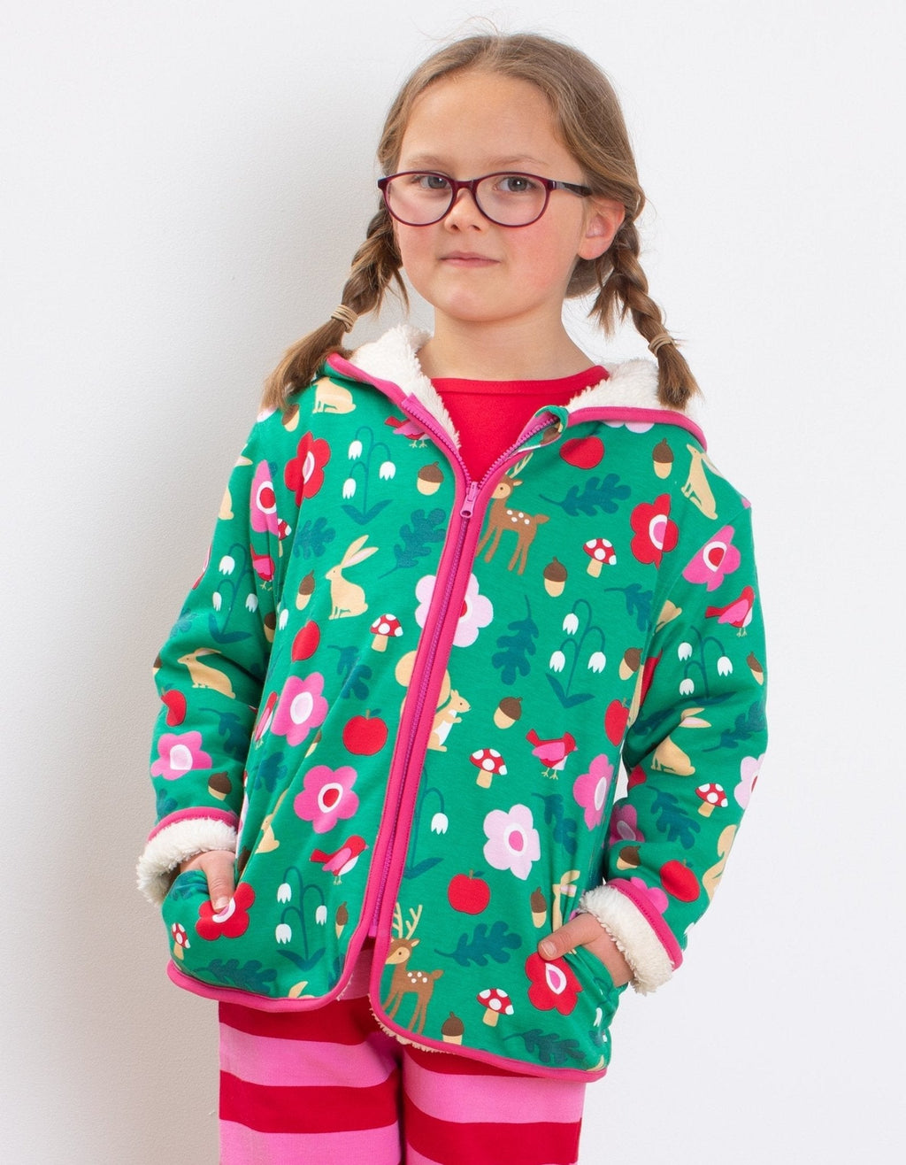 Toby Tiger Organic Fleece Applique Hoodie - Forest Adventure Print