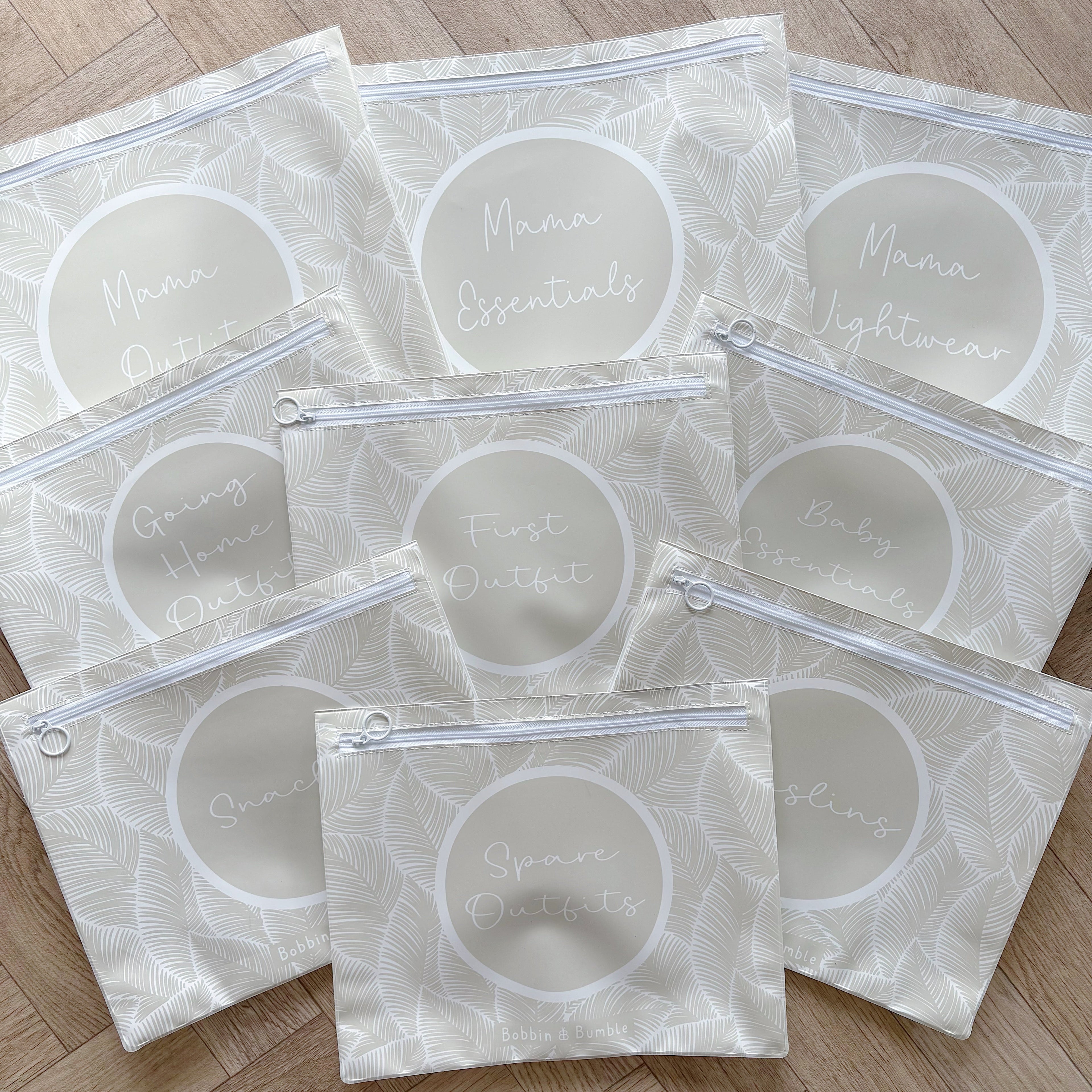 Bobbin and Bumble Hospital Bag Organiser Pouches - Unisex Beige Leaf Print