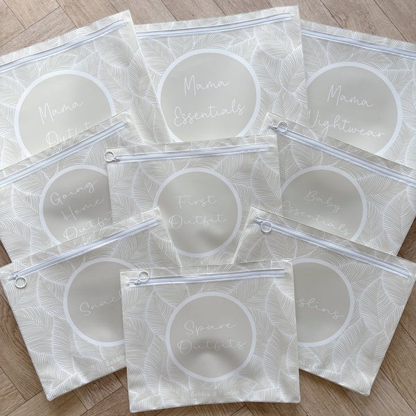 Bobbin and Bumble Hospital Bag Organiser Pouches - Unisex Beige Leaf Print