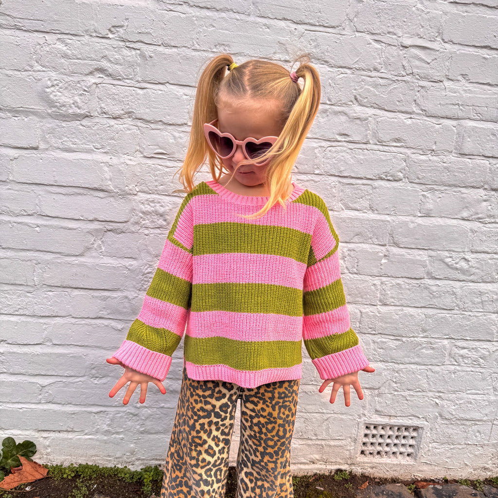 Cara & The Sky Rhiannon Kids Chunky Stripe Recycled Cotton Blend Jumper - Pink