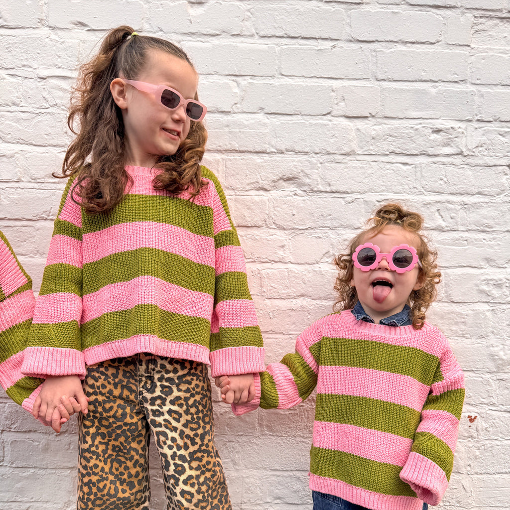 Cara & The Sky Rhiannon Kids Chunky Stripe Recycled Cotton Blend Jumper - Pink
