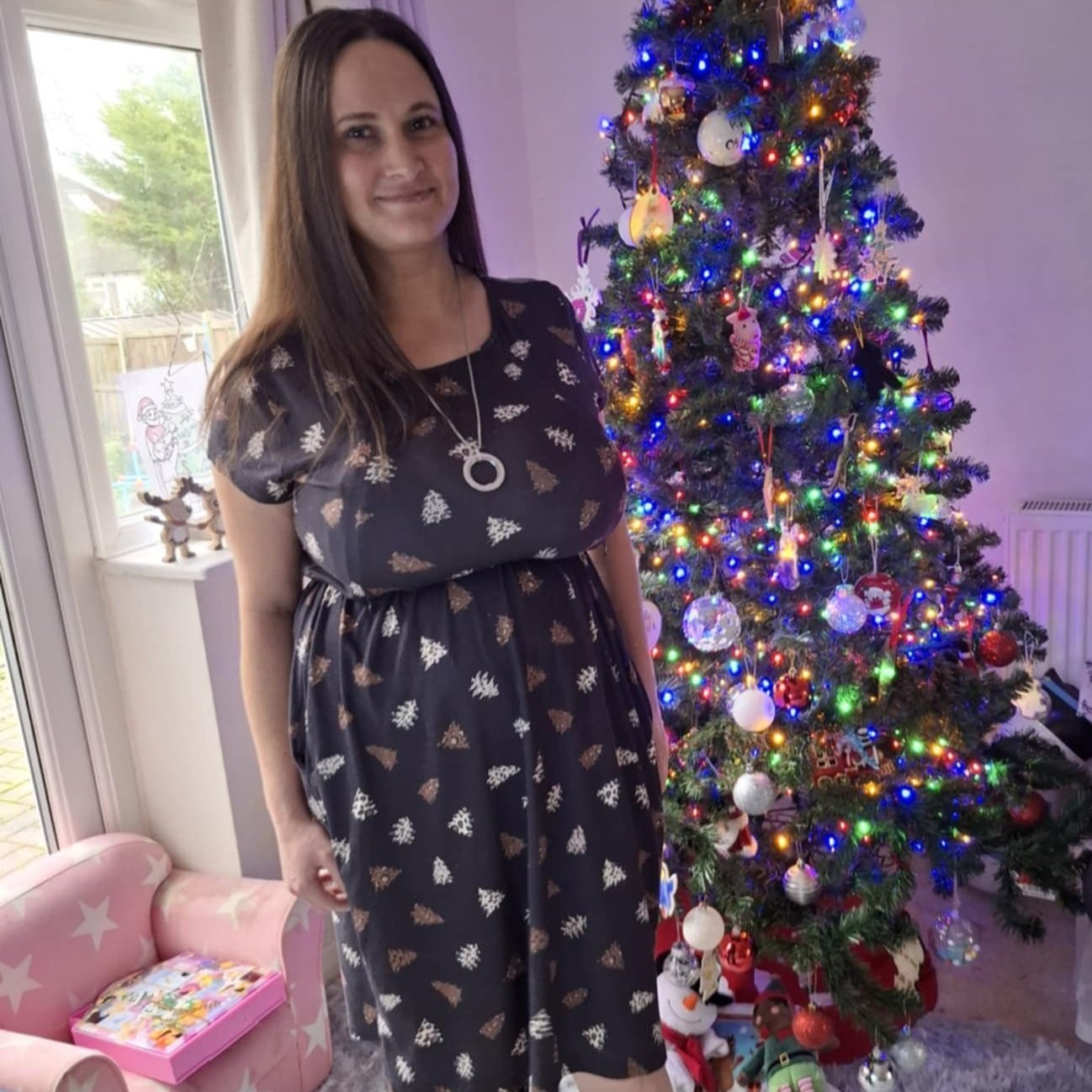 The Knee Length Breastfeeding Dress - Navy Christmas Tree