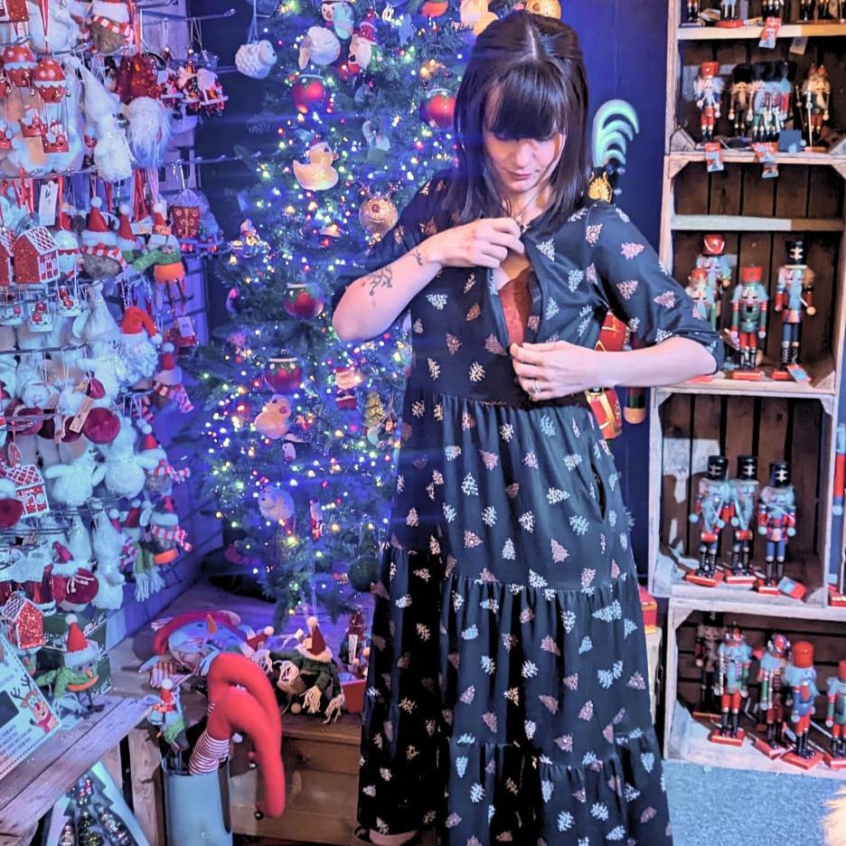 The Midi Breastfeeding Dress - Navy Christmas Tree
