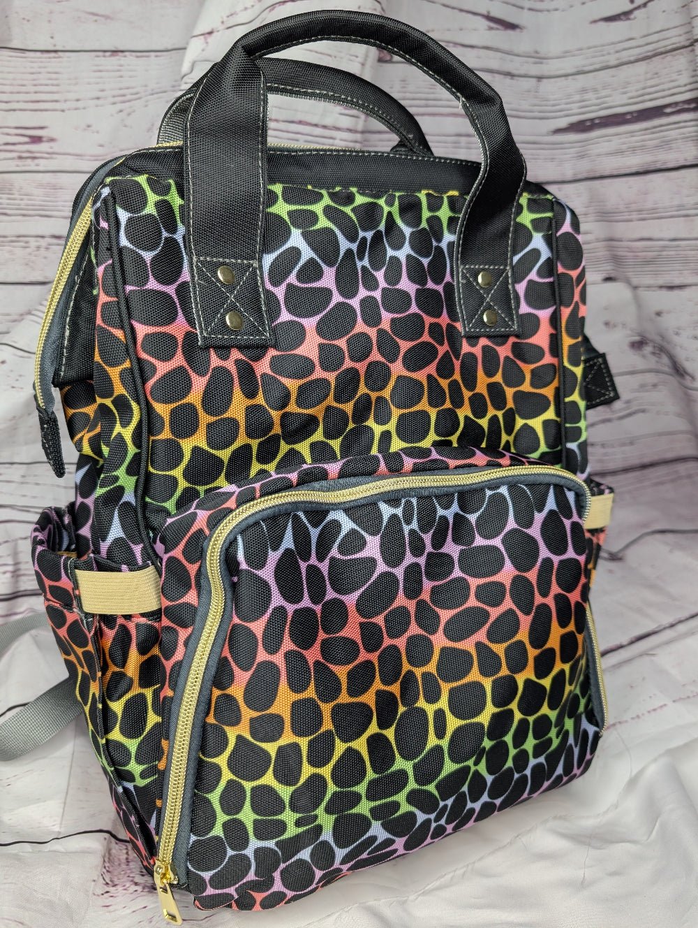 Green Cheeks Baby Changing Backpack - Rainbow Leopard Print