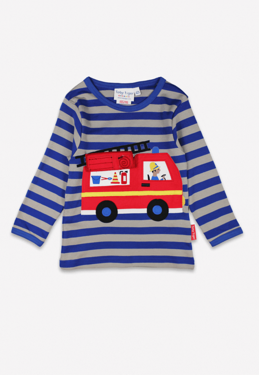 Toby Tiger Organic Applique Long-Sleeved T-Shirt -  Blue/Grey Fire Engine with Flap