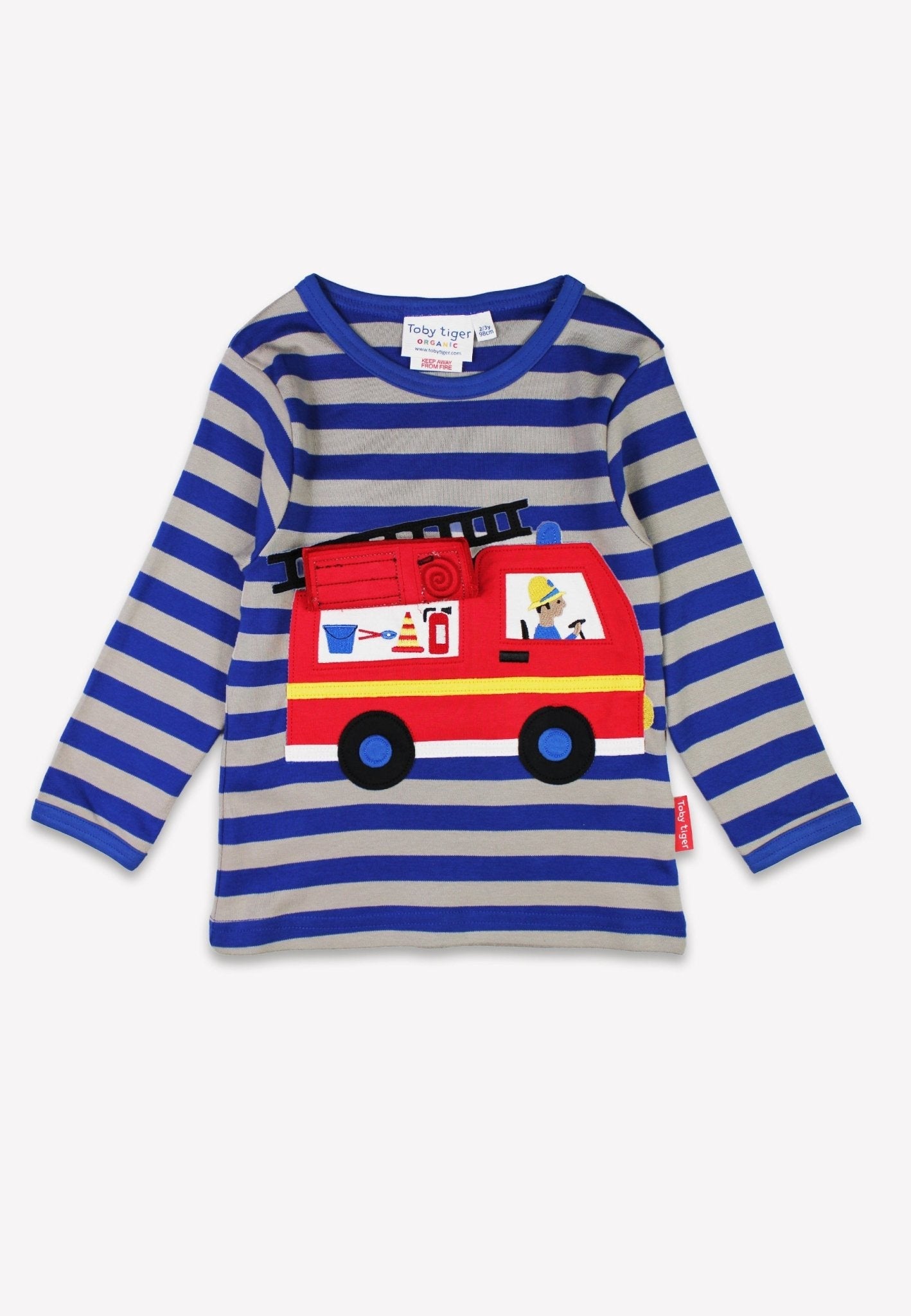 Toby Tiger Organic Applique Long-Sleeved T-Shirt -  Blue/Grey Fire Engine with Flap