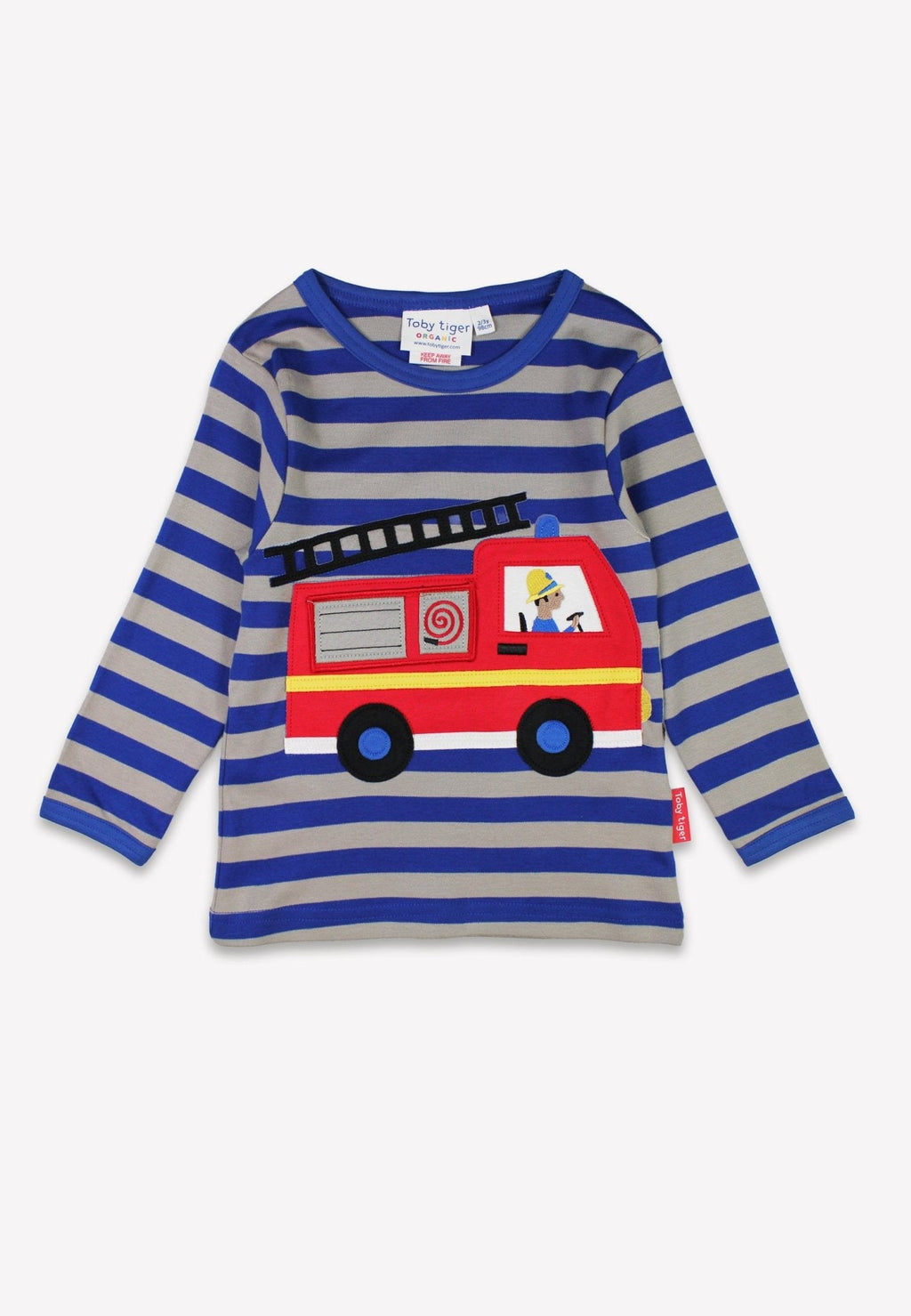 Toby Tiger Organic Applique Long-Sleeved T-Shirt -  Blue/Grey Fire Engine with Flap