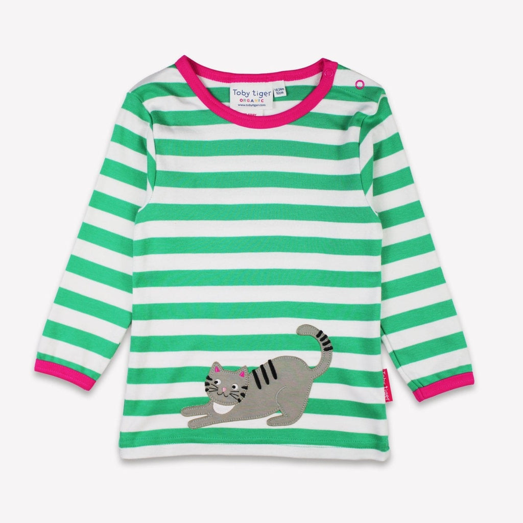 Toby Tiger Organic Applique Long-Sleeved T-Shirt - Green Kitten