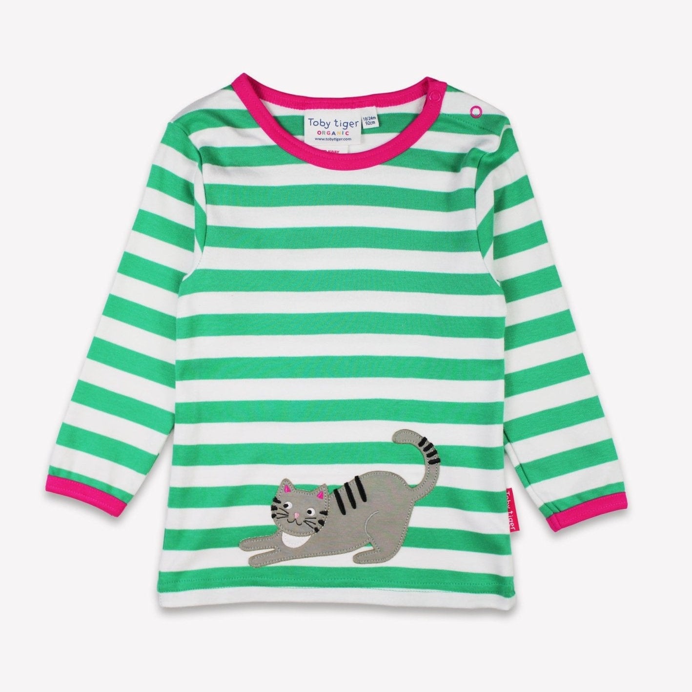 Toby Tiger Organic Applique Long-Sleeved T-Shirt - Green Kitten