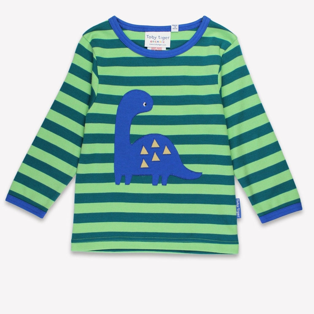 Toby Tiger Organic Applique Long-Sleeved T-Shirt - Green Tonal Dinosaur