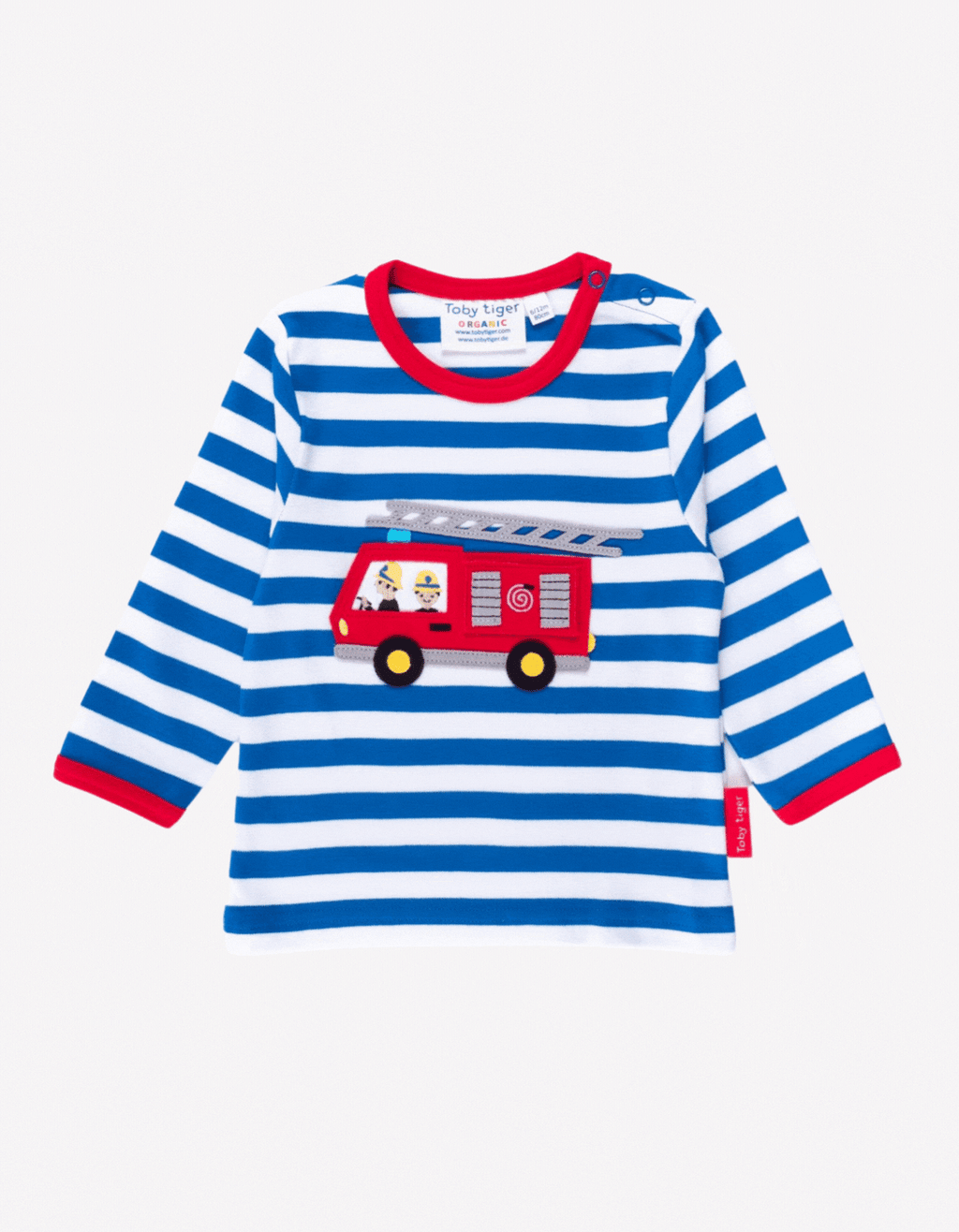 Toby Tiger Organic Applique Long-Sleeved T-Shirt - Blue/White Fire Engine with Flap