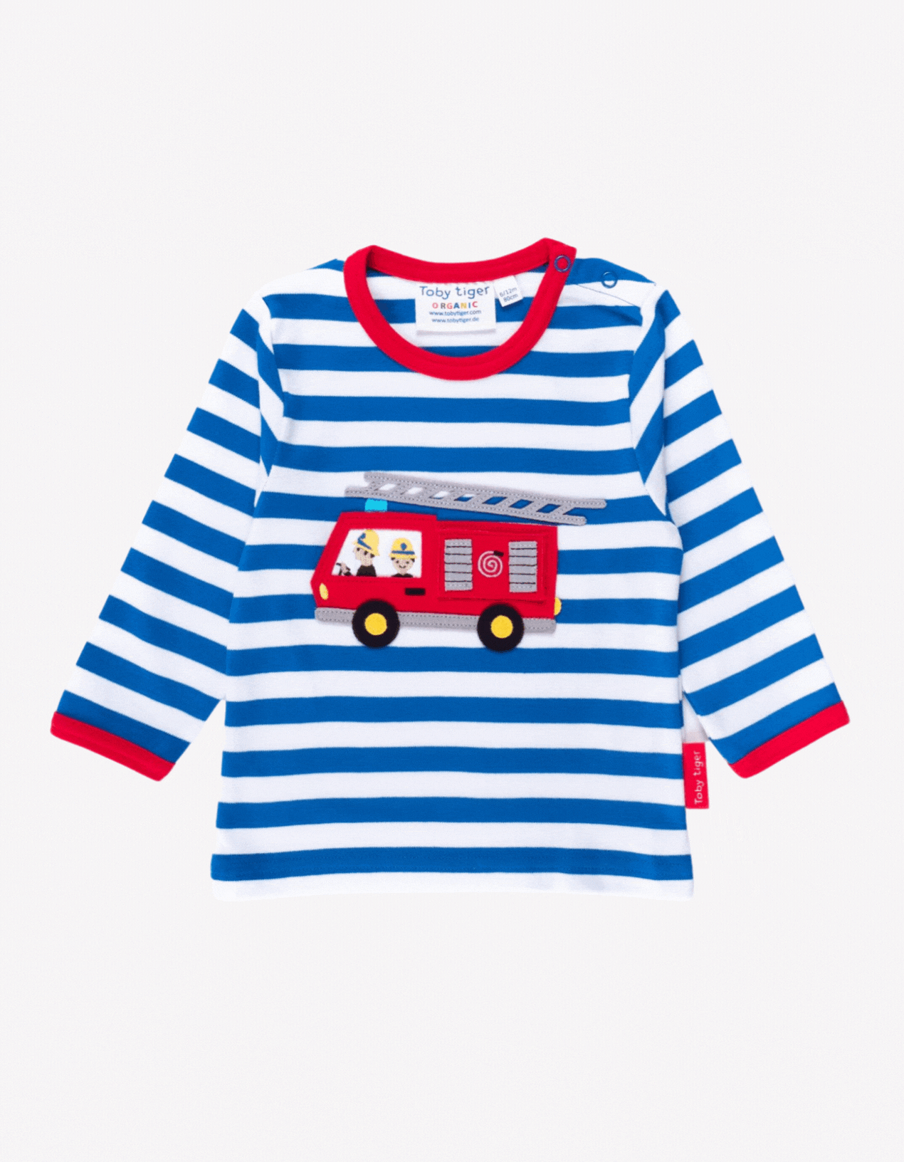 Toby Tiger Organic Applique Long-Sleeved T-Shirt - Blue/White Fire Engine with Flap