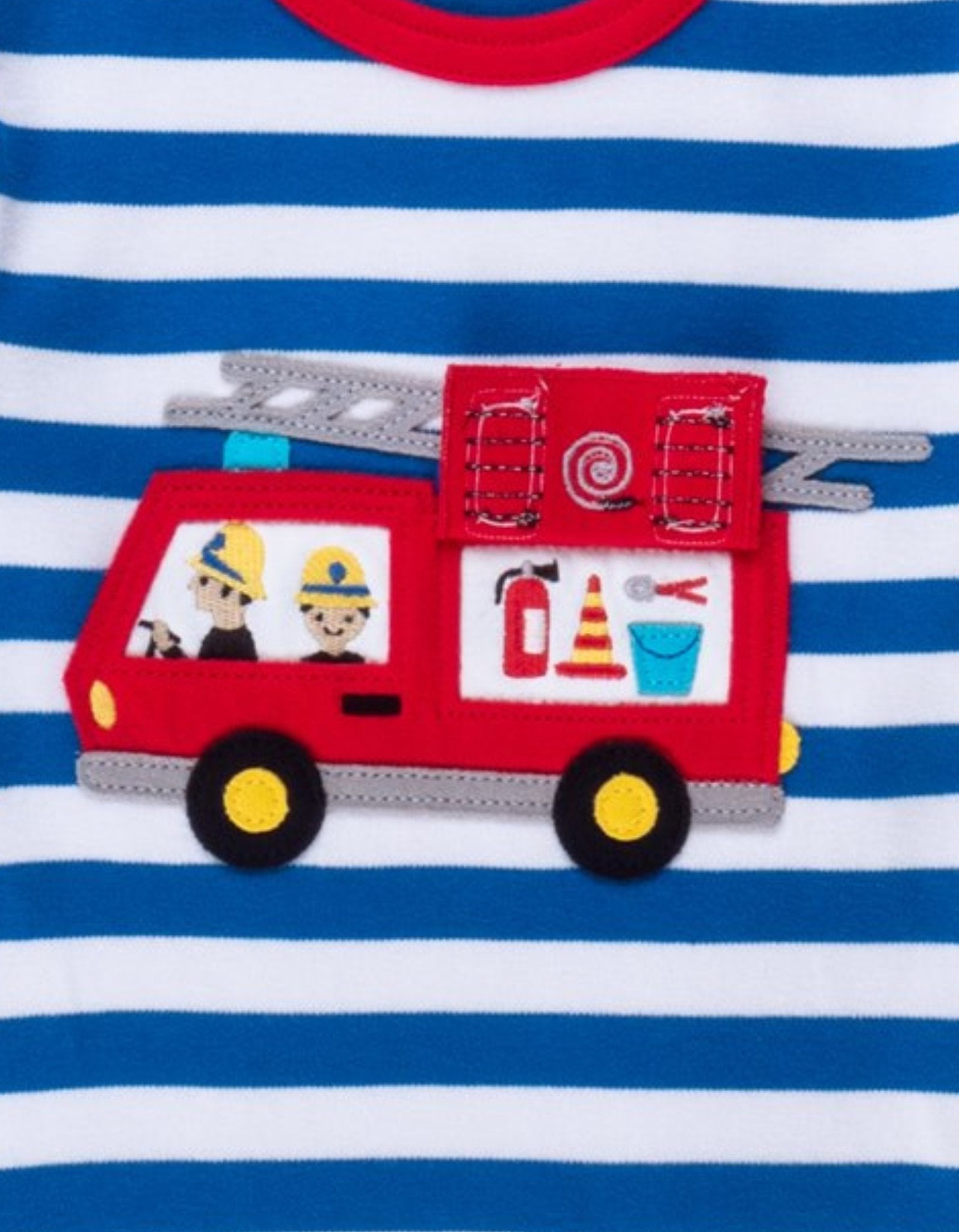 Toby Tiger Organic Applique Long-Sleeved T-Shirt - Blue/White Fire Engine with Flap