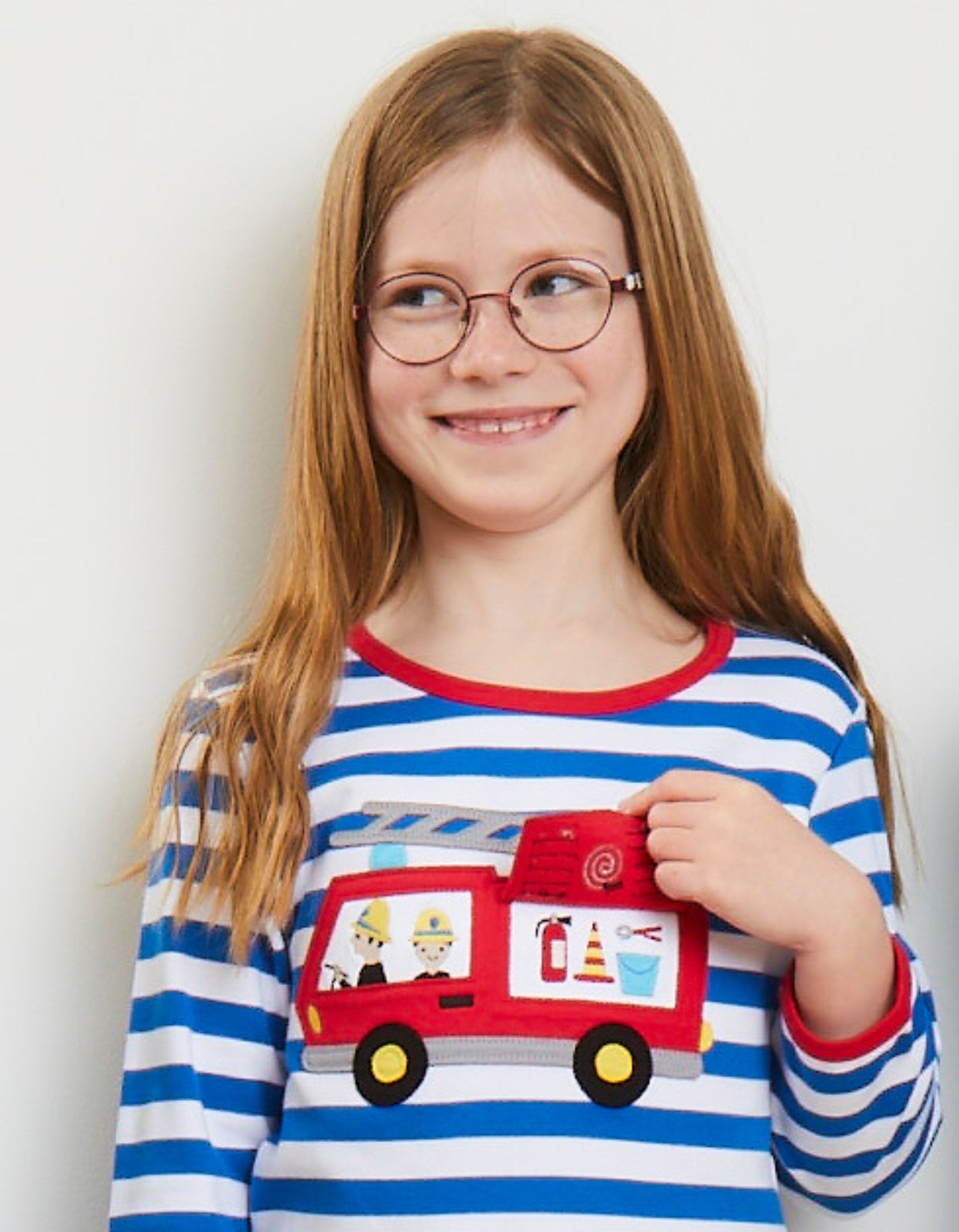 Toby Tiger Organic Applique Long-Sleeved T-Shirt - Blue/White Fire Engine with Flap