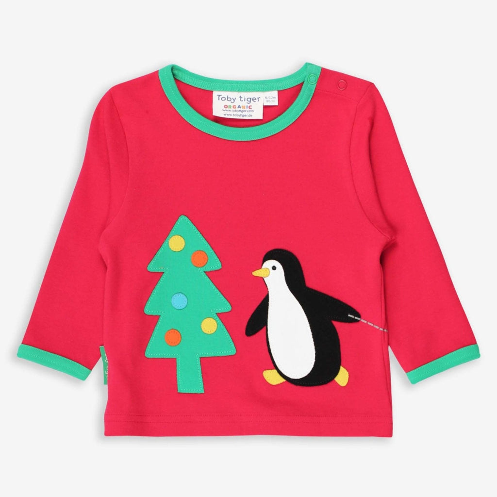 Toby Tiger Organic Applique Long-Sleeved T-Shirt - Penguins' Christmas