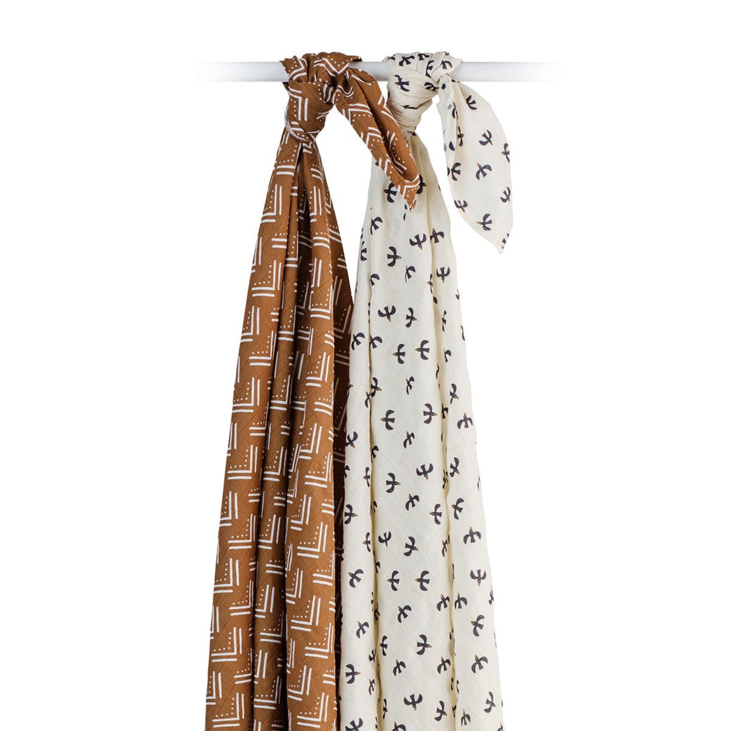 Lulujo - 2 Pack Cotton Swaddles - Blackbird / Mudcloth (100cm x100cm) - Baby&More