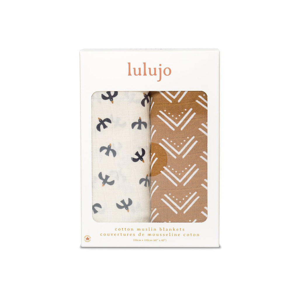Lulujo - 2 Pack Cotton Swaddles - Blackbird / Mudcloth (100cm x100cm) - Baby&More