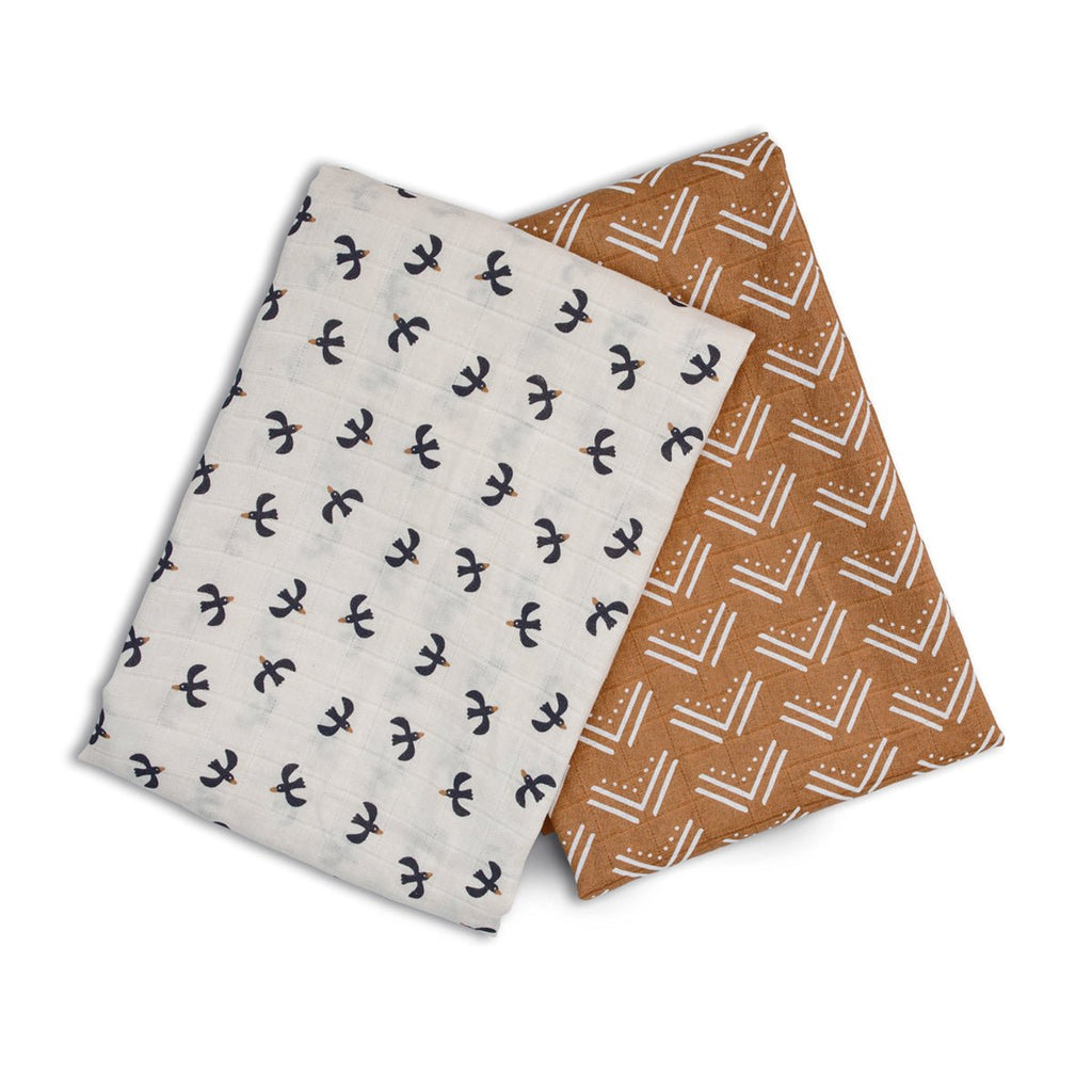 Lulujo - 2 Pack Cotton Swaddles - Blackbird / Mudcloth (100cm x100cm) - Baby&More