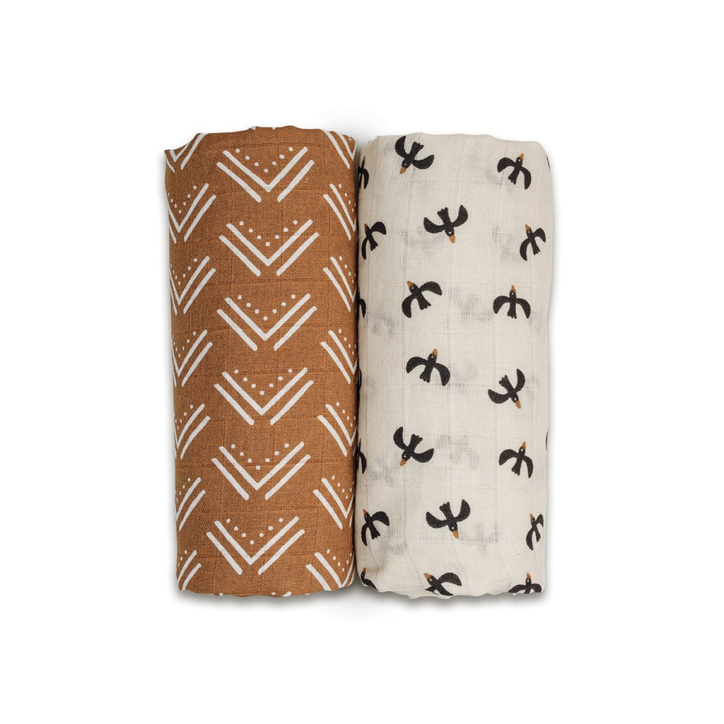 Lulujo - 2 Pack Cotton Swaddles - Blackbird / Mudcloth (100cm x100cm) - Baby&More