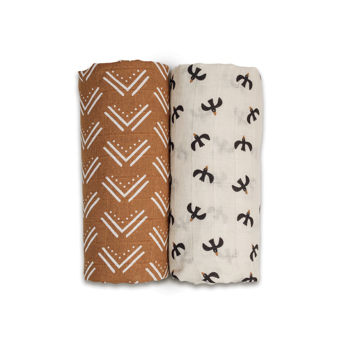 Lulujo - 2 Pack Cotton Swaddles - Blackbird / Mudcloth (100cm x100cm) - Baby&More