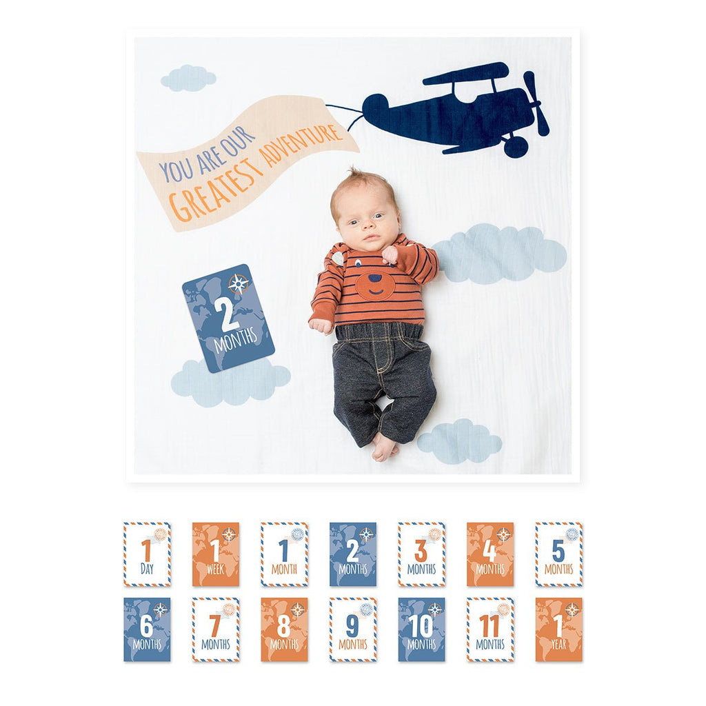 Lulujo - Cotton Swaddle & Milestone Marker Cards Gift Set - Greatest Adventure - Baby&More