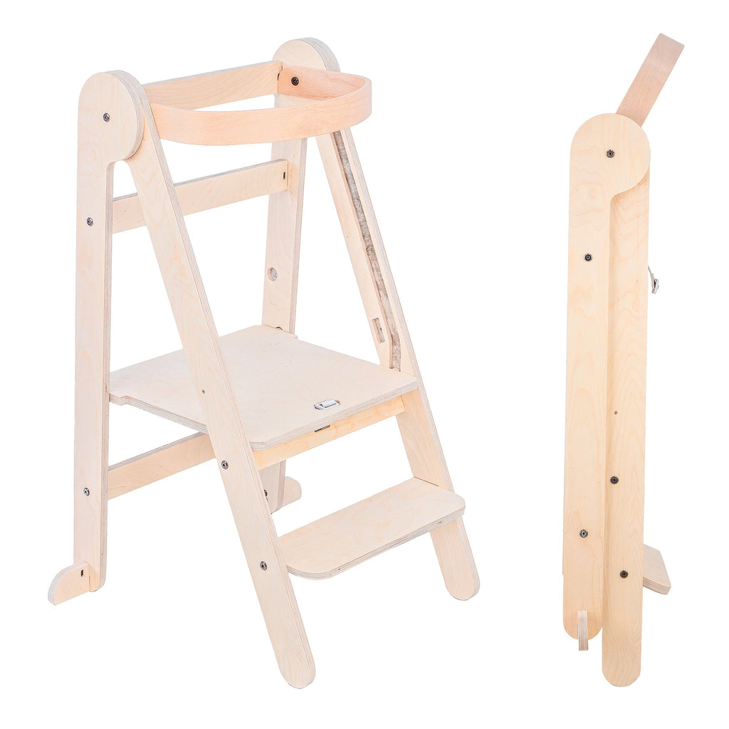 MamaToyz Folding Learning Tower - Natural Beech Wood Montessori Child Safety Platform - Baby&More