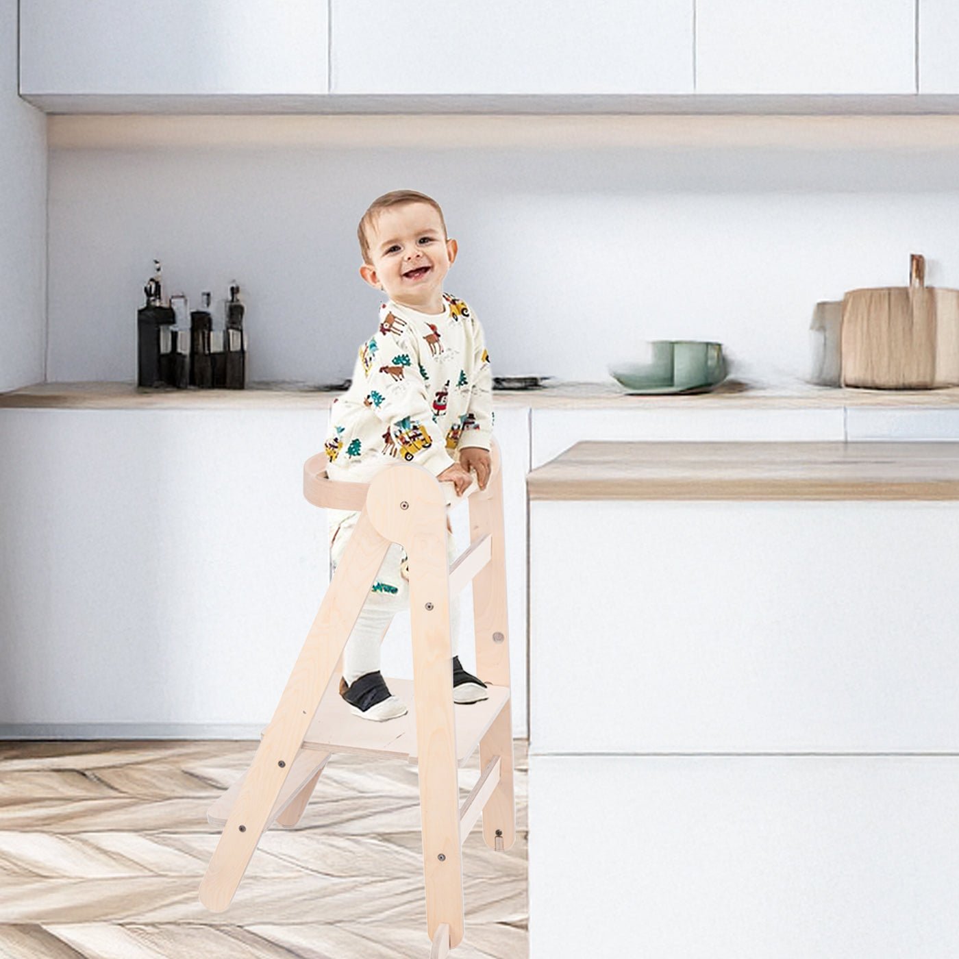MamaToyz Folding Learning Tower - Natural Beech Wood Montessori Child Safety Platform - Baby&More