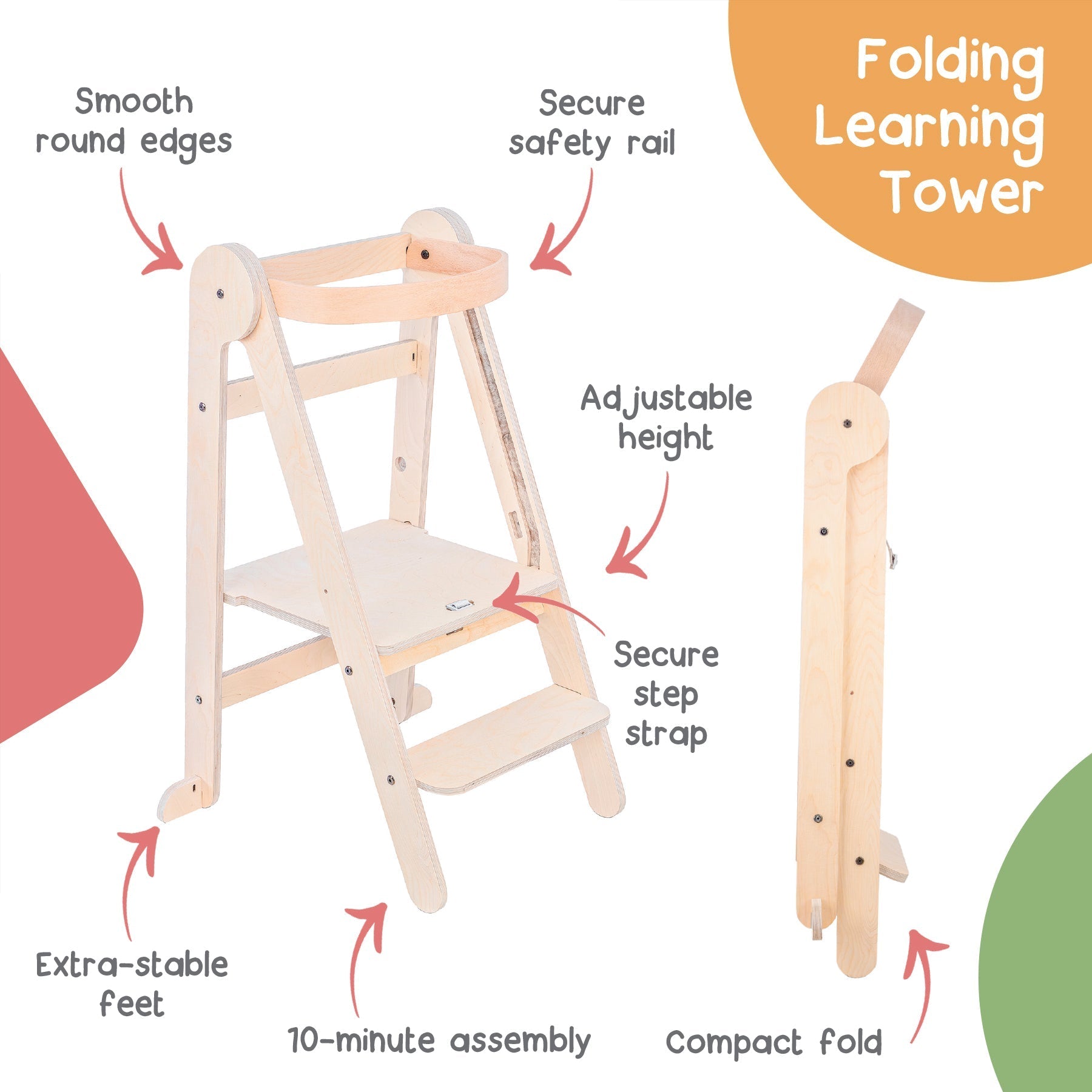 MamaToyz Folding Learning Tower - Natural Beech Wood Montessori Child Safety Platform - Baby&More