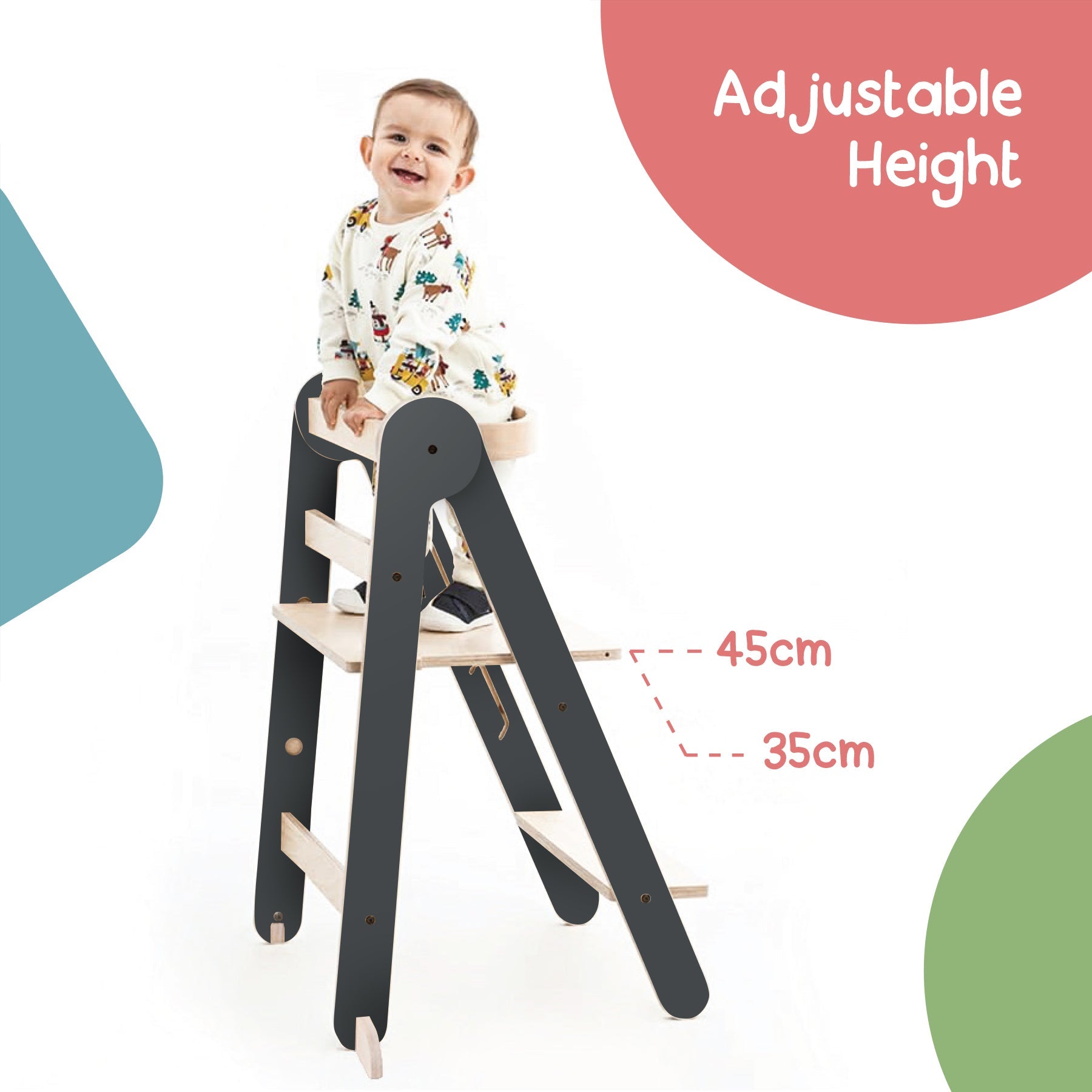 MamaToyz Folding Learning Tower Natural Beech Wood Montessori Child Safety Platform - Dark Grey / Natural - Baby&More