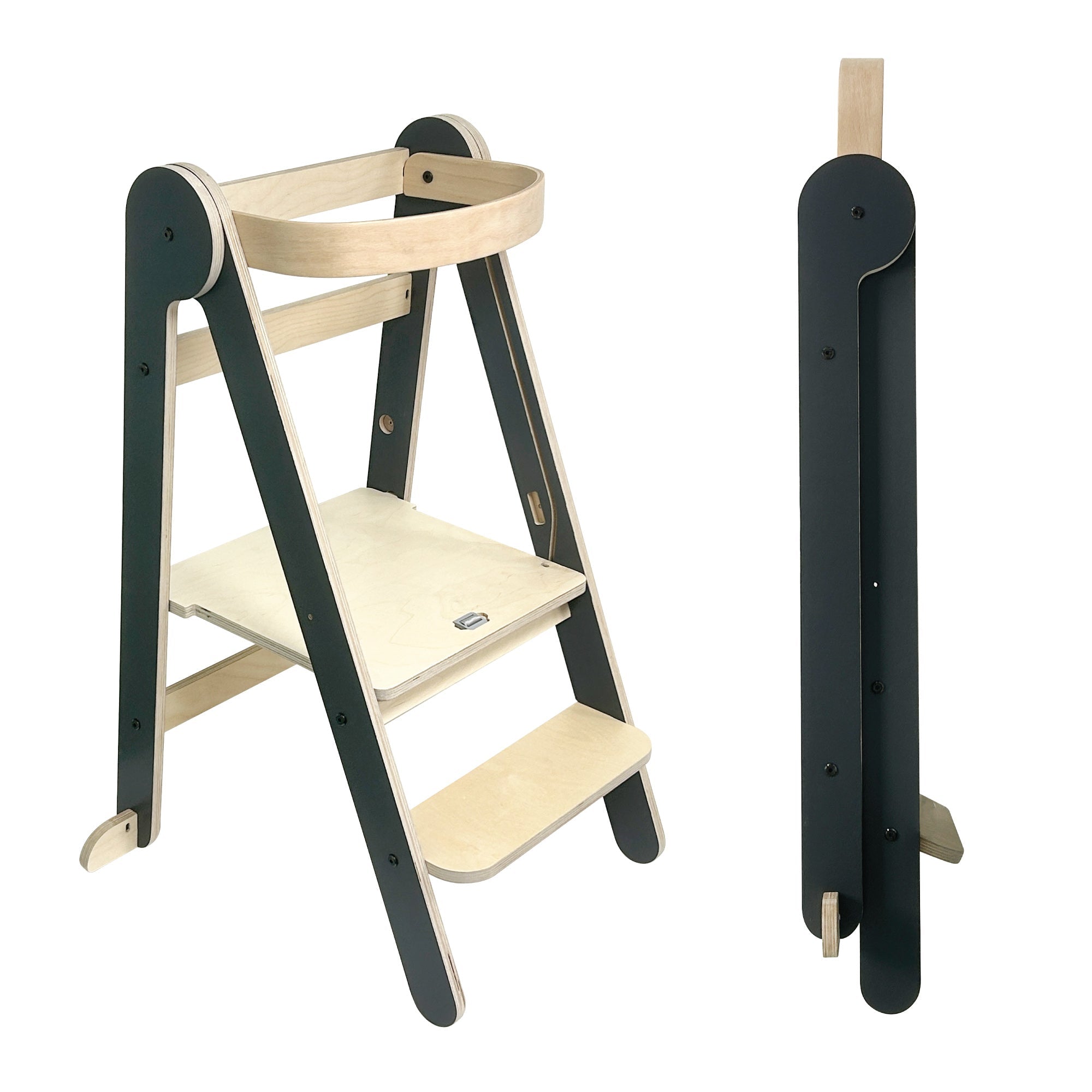 MamaToyz Folding Learning Tower Natural Beech Wood Montessori Child Safety Platform - Dark Grey / Natural - Baby&More