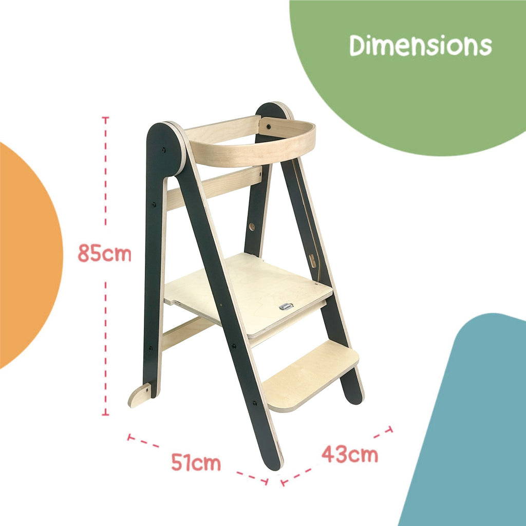 MamaToyz Folding Learning Tower Natural Beech Wood Montessori Child Safety Platform - Dark Grey / Natural - Baby&More