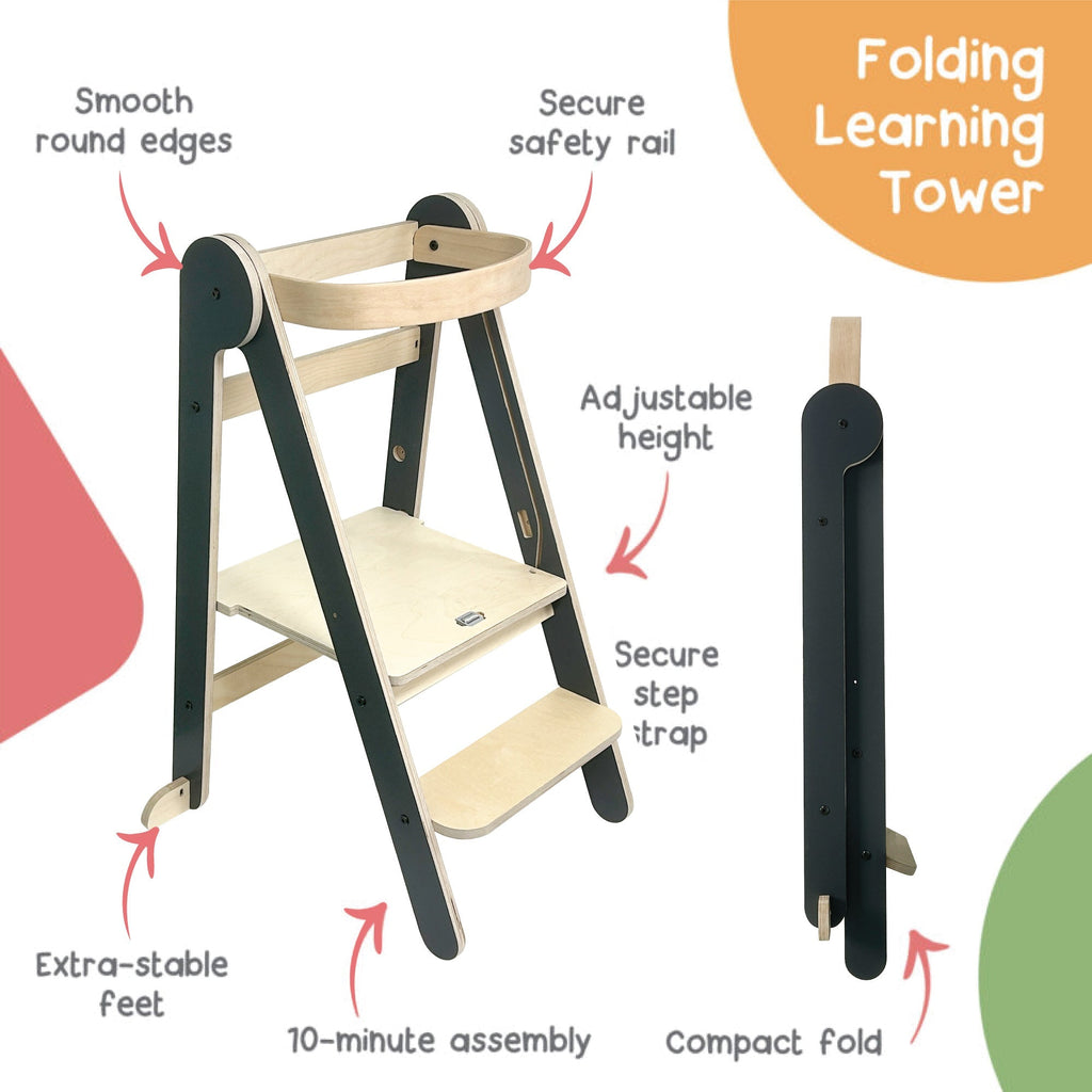 MamaToyz Folding Learning Tower Natural Beech Wood Montessori Child Safety Platform - Dark Grey / Natural - Baby&More