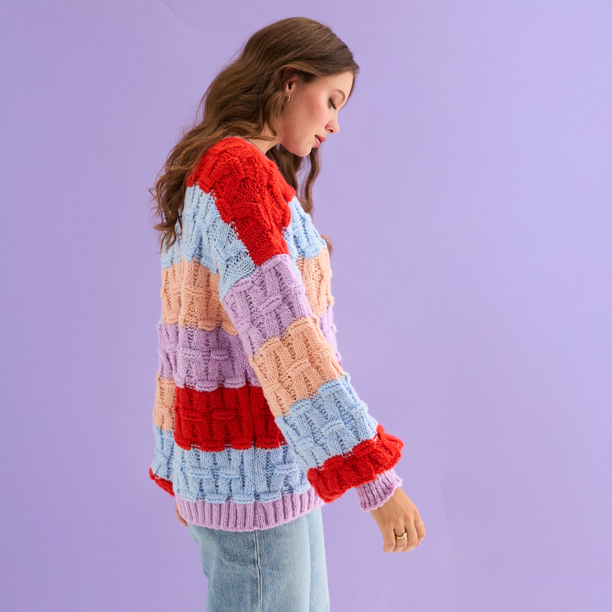 Cara & The Sky Mandy Criss-Cross Stitch Balloon Sleeve Stripe Ladies Jumper - Orange