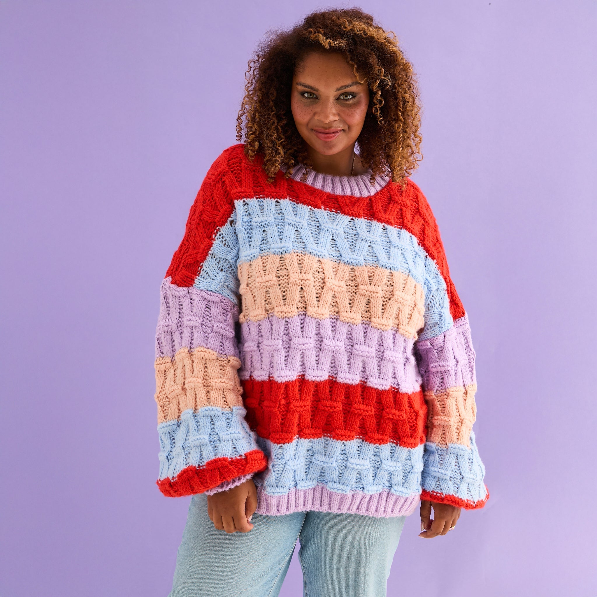 Cara & The Sky Mandy Criss-Cross Stitch Balloon Sleeve Stripe Ladies Jumper - Orange