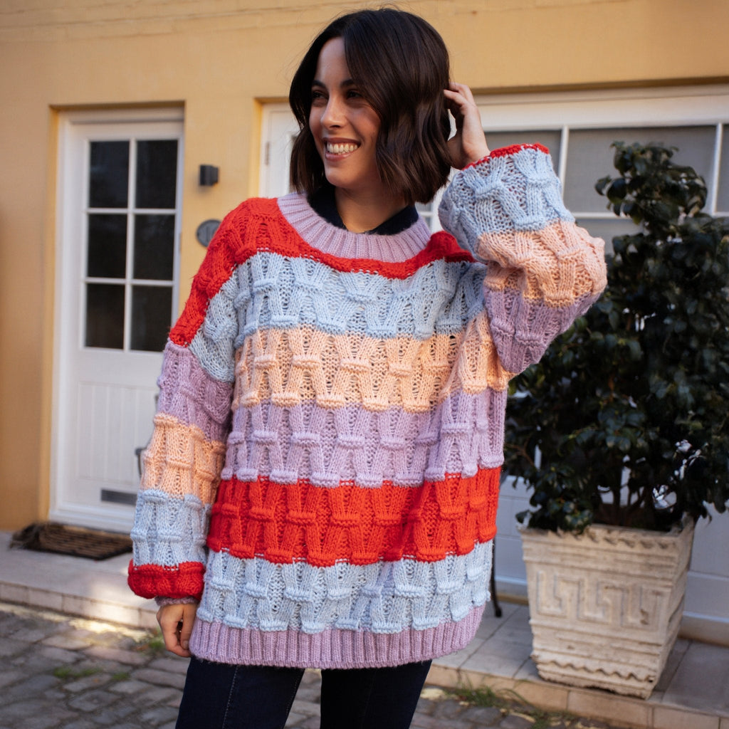 Cara & The Sky Mandy Criss-Cross Stitch Balloon Sleeve Stripe Ladies Jumper - Orange