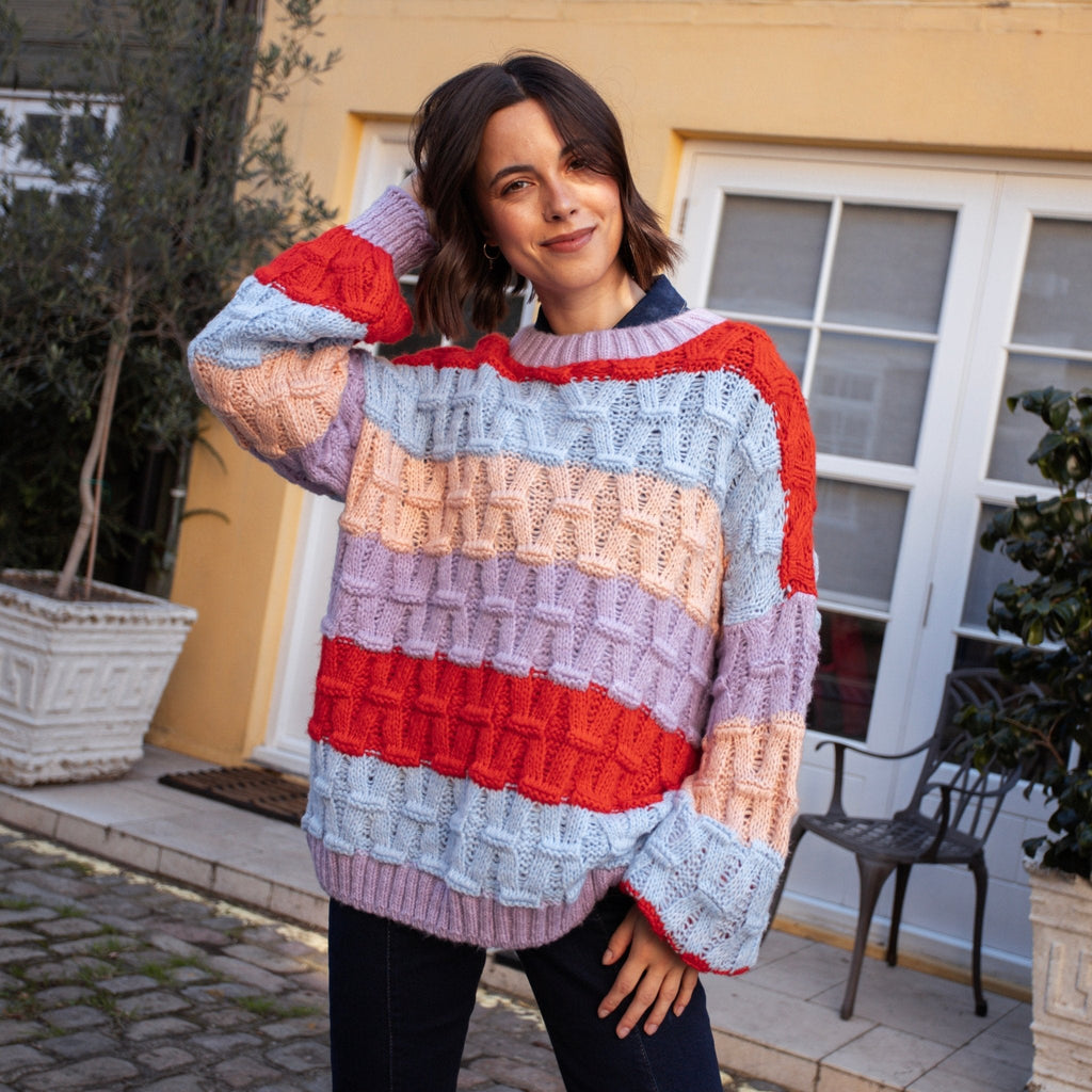 Cara & The Sky Mandy Criss-Cross Stitch Balloon Sleeve Stripe Ladies Jumper - Orange