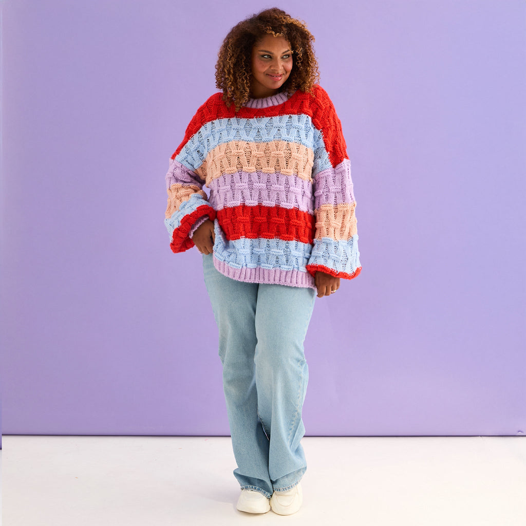 Cara & The Sky Mandy Criss-Cross Stitch Balloon Sleeve Stripe Ladies Jumper - Orange