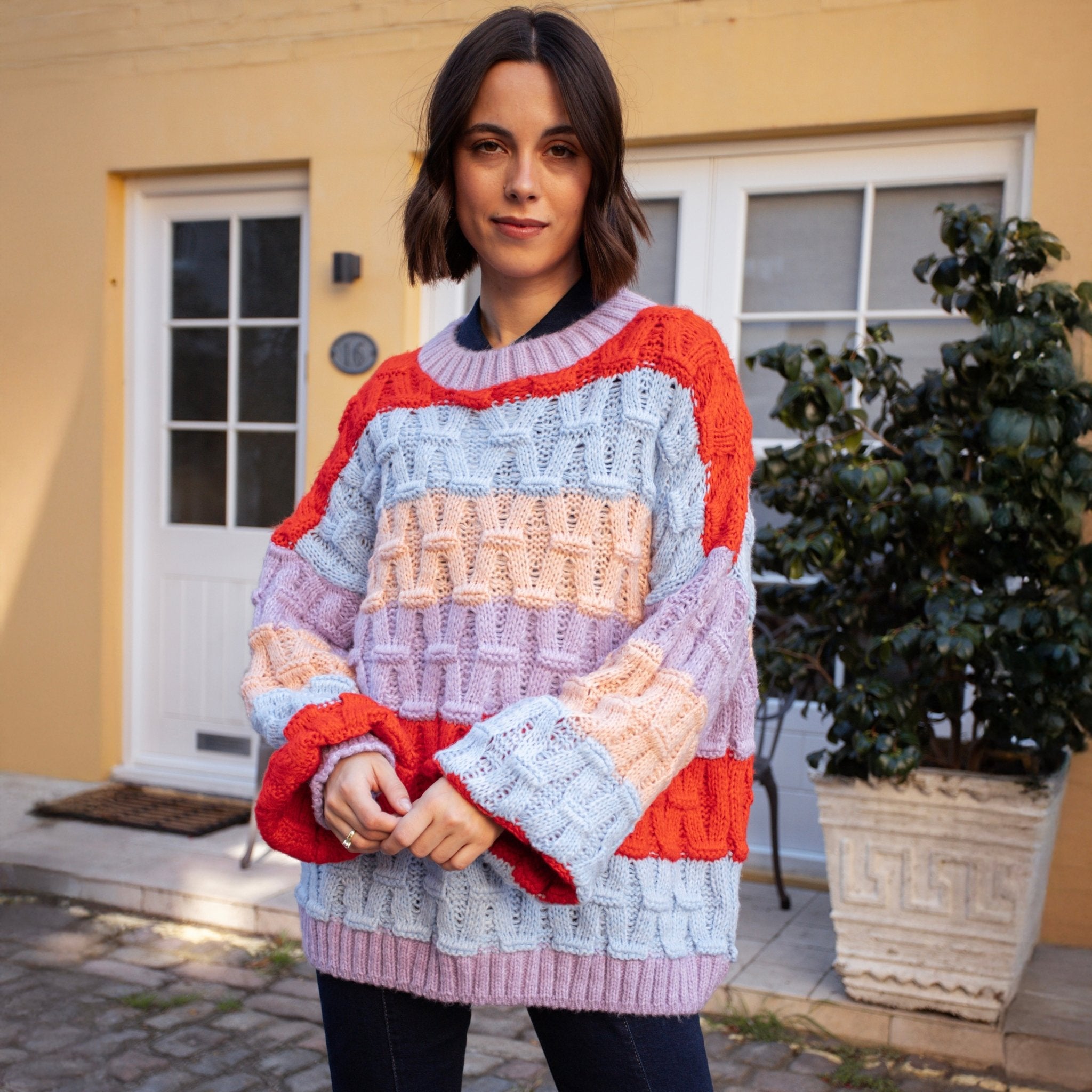 Cara & The Sky Mandy Criss-Cross Stitch Balloon Sleeve Stripe Ladies Jumper - Orange