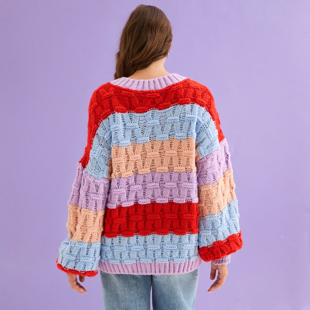 Cara & The Sky Mandy Criss-Cross Stitch Balloon Sleeve Stripe Ladies Jumper - Orange