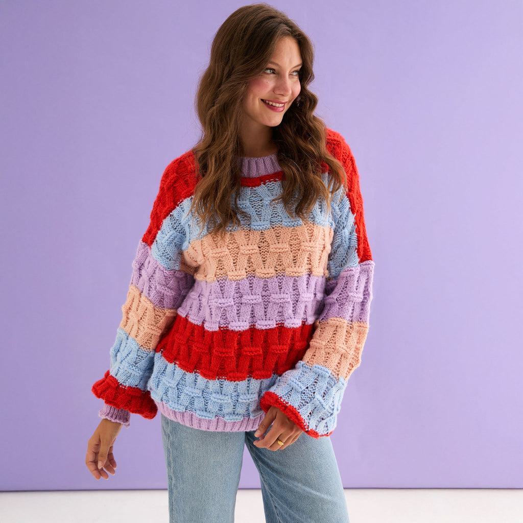Cara & The Sky Mandy Criss-Cross Stitch Balloon Sleeve Stripe Ladies Jumper - Orange