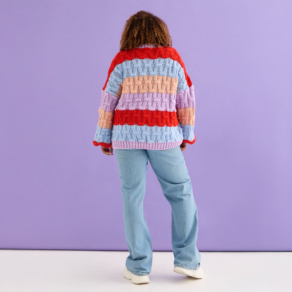 Cara & The Sky Mandy Criss-Cross Stitch Balloon Sleeve Stripe Ladies Jumper - Orange