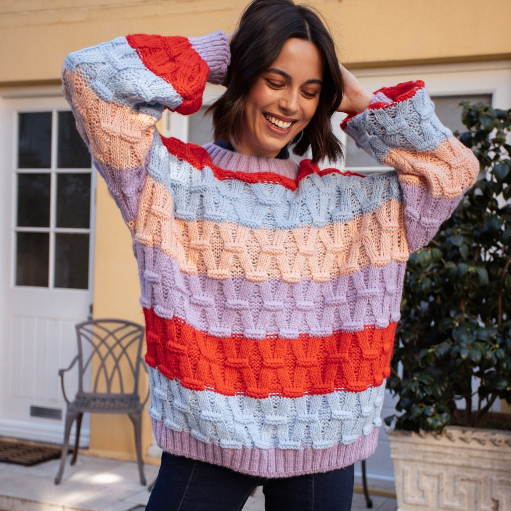 Cara & The Sky Mandy Criss-Cross Stitch Balloon Sleeve Stripe Ladies Jumper - Orange