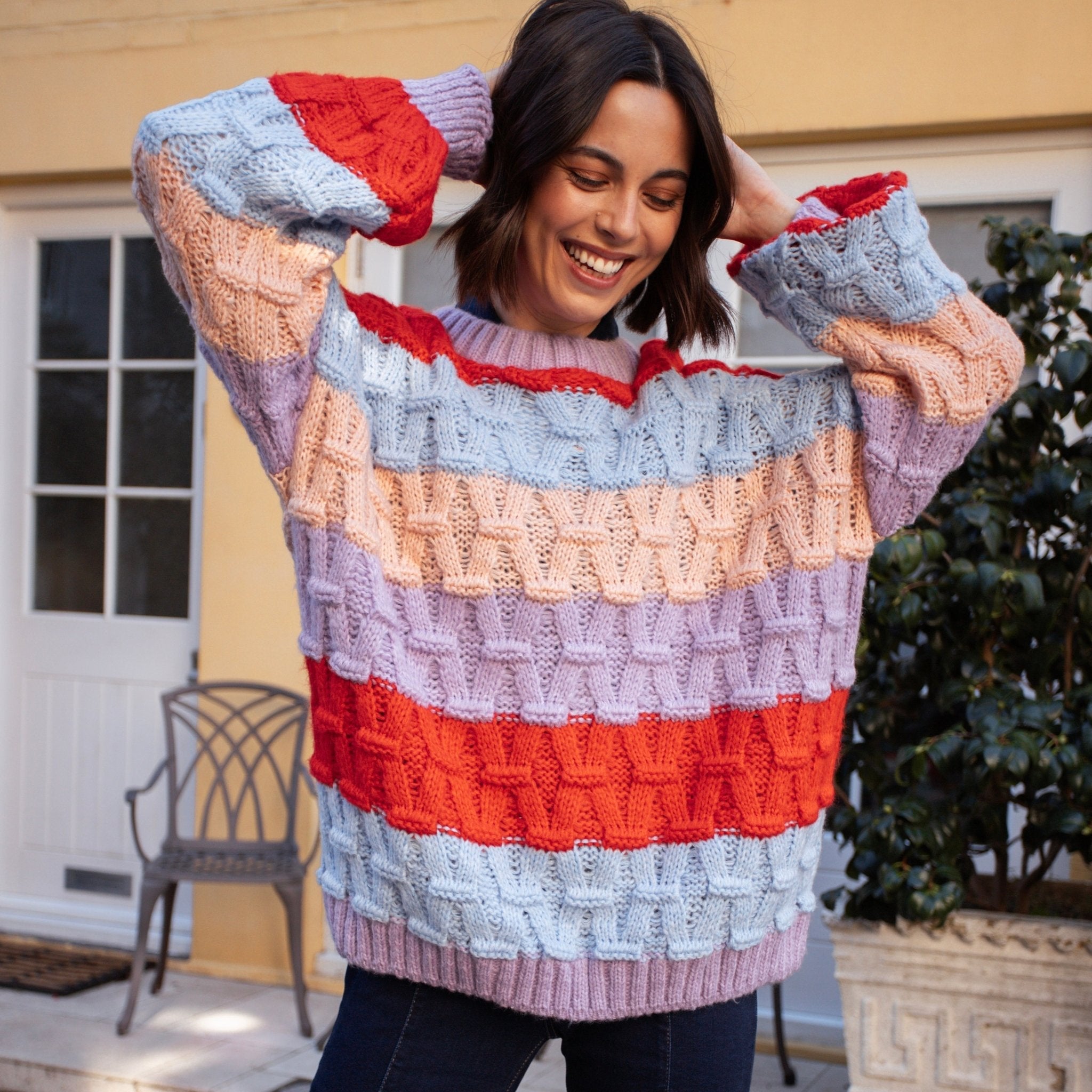 Cara & The Sky Mandy Criss-Cross Stitch Balloon Sleeve Stripe Ladies Jumper - Orange