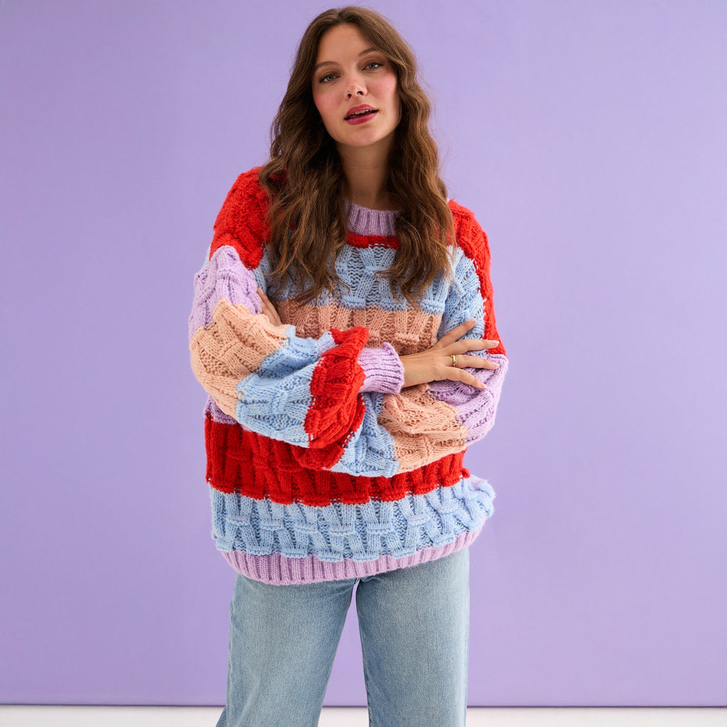 Cara & The Sky Mandy Criss-Cross Stitch Balloon Sleeve Stripe Ladies Jumper - Orange