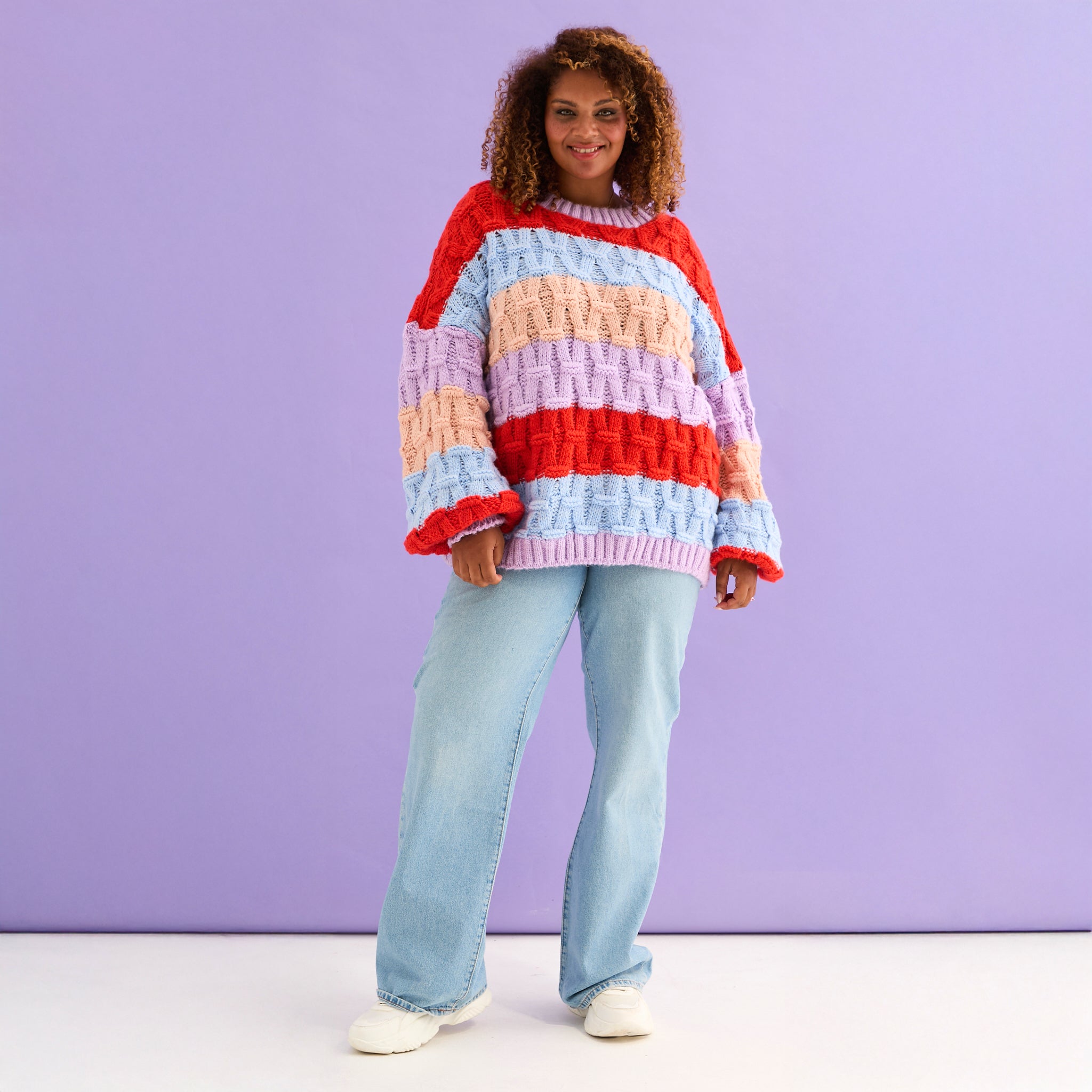 Cara & The Sky Mandy Criss-Cross Stitch Balloon Sleeve Stripe Ladies Jumper - Orange