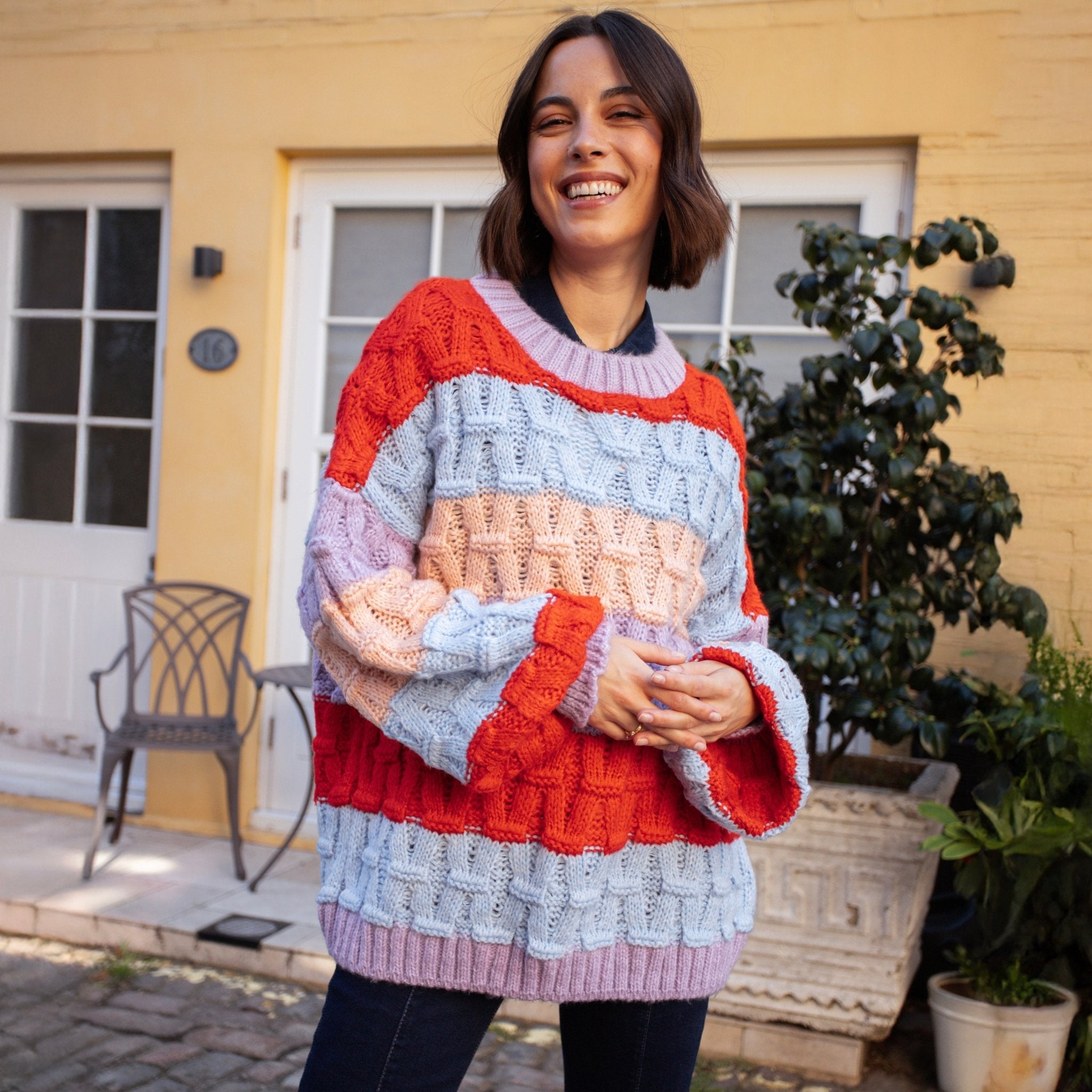Cara & The Sky Mandy Criss-Cross Stitch Balloon Sleeve Stripe Ladies Jumper - Orange